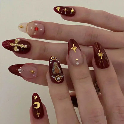 24Pcs Pink Almond False Nails with French Design - Smarsty