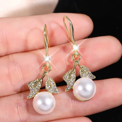 Elegant Pearl Bow Knot Earrings With Diamond Accent - Smarsty