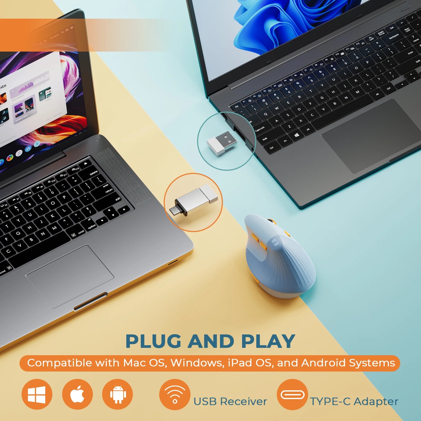 SEENDA Vertical Wireless Mouse Type C Rechargeable Ergonomic USB & Type C Mice for Laptop Laptop PC MacBook Windows Android