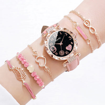 Fashion Heart Dial Women's Watch Set with Leather Band - Smarsty