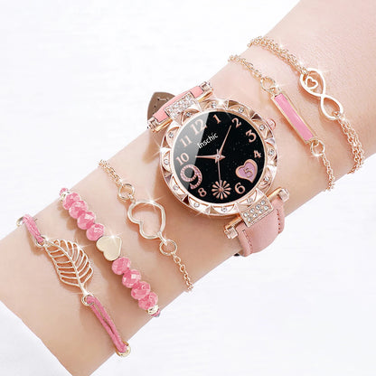 Fashion Heart Dial Women's Watch Set with Leather Band - Smarsty
