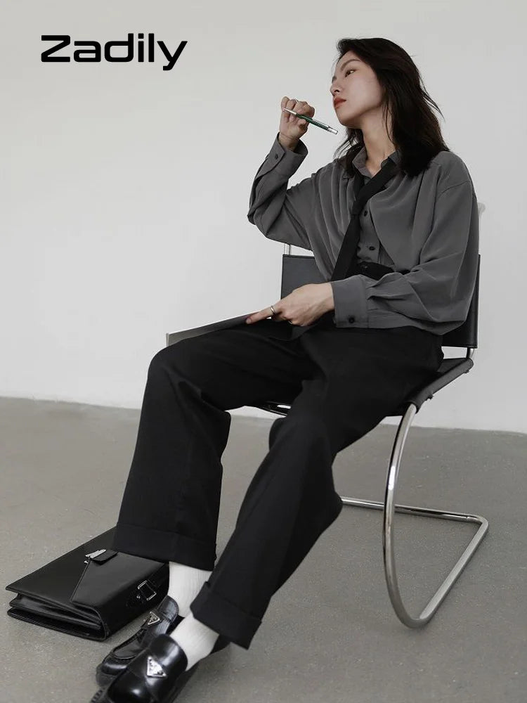 2025 Summer Minimalist Long Sleeve Button Up Shirt Women Korean Style Solid Tie Oversize Shirts Blouse Loose Clothes Autumn Tops - Smarsty