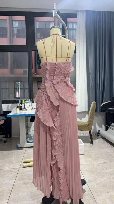 Elegant Purple Halter A Line Prom Gowns Ruffles Tiered Backless Party Gown Summer Vacation Chiffon Long Evening Dress - Smarsty