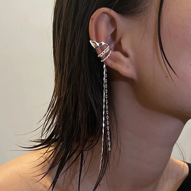 Silver Crystal Tassel Non Piercing Ear Cuff Clip Earrings - Smarsty