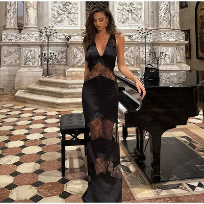 Elegant Lace Halter Dress Women Slim V-neck Backless Evening Long Dresses Woman Sleeveless Vintage Party Robe Lady Spring Summer - Smarsty