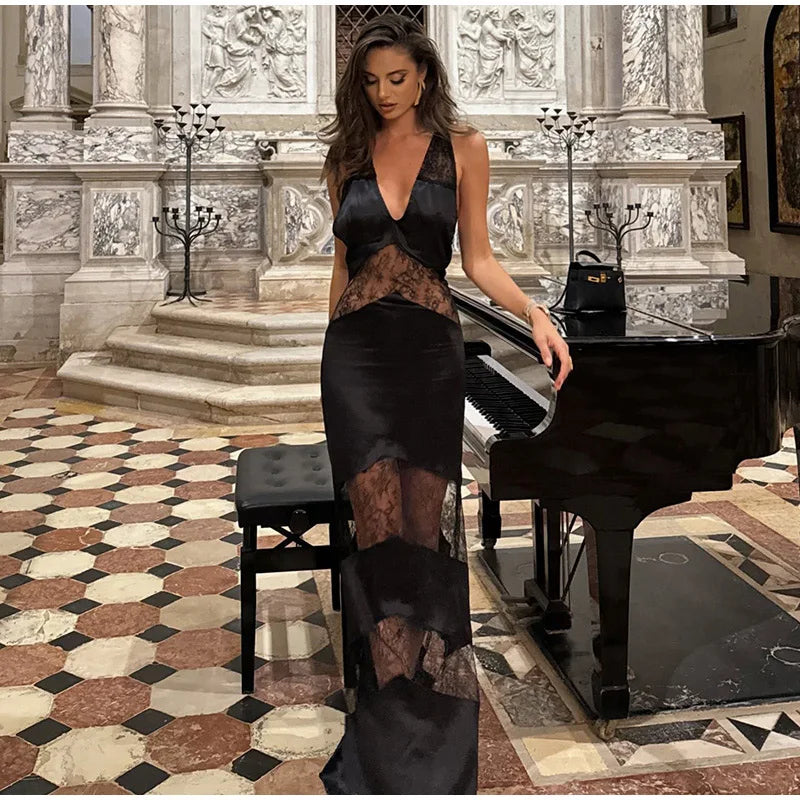 Elegant Lace Halter Dress Women Slim V-neck Backless Evening Long Dresses Woman Sleeveless Vintage Party Robe Lady Spring Summer - Smarsty