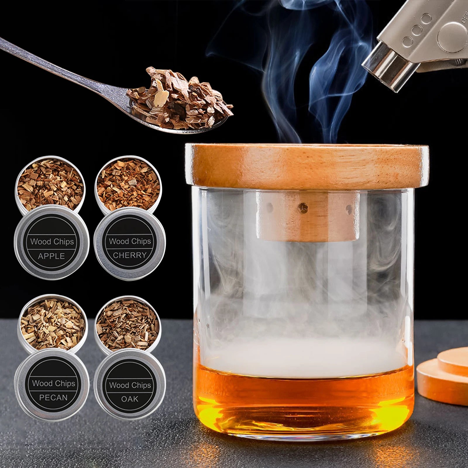 Glass Top Smoker Cocktail Smoker Kit With 4PCS Wood Chips Bartender Accessories For Whiskey Drinks Smoking Gift Kit for Men - Smarsty
