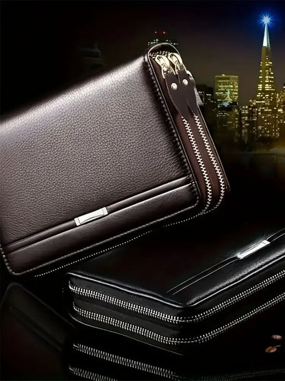 Men Large Capacity Wallet Long Zipper Purse Synthetic Leather Clutch Business Handbag Phone Card Holder Case Gift for Men Him - Smarsty