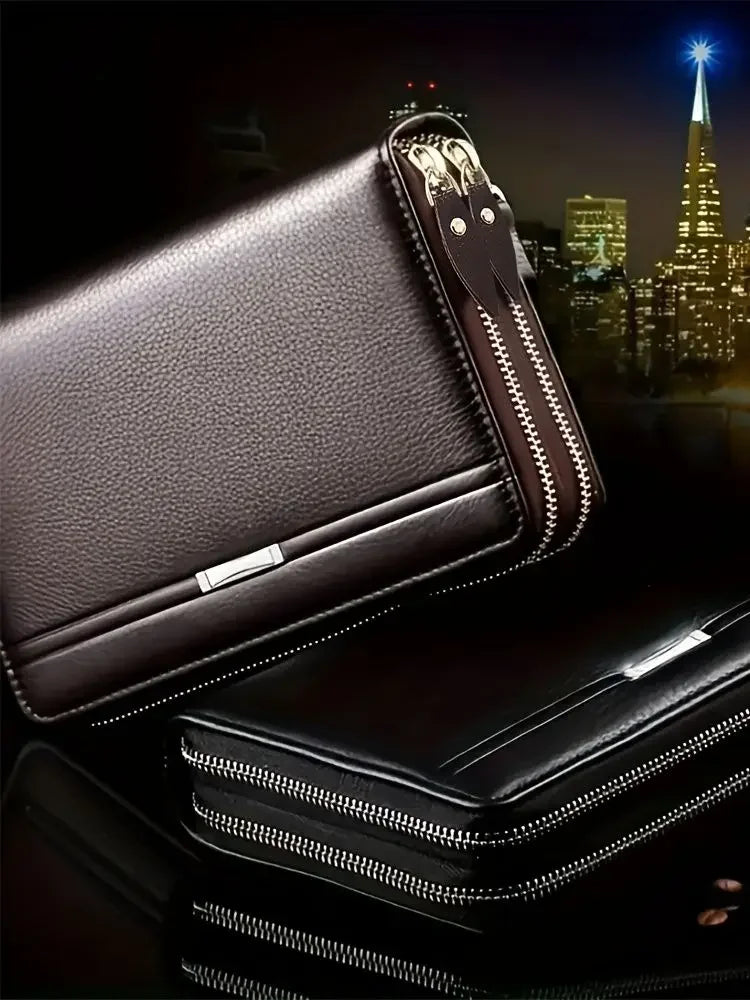 Men Large Capacity Wallet Long Zipper Purse Synthetic Leather Clutch Business Handbag Phone Card Holder Case Gift for Men Him - Smarsty