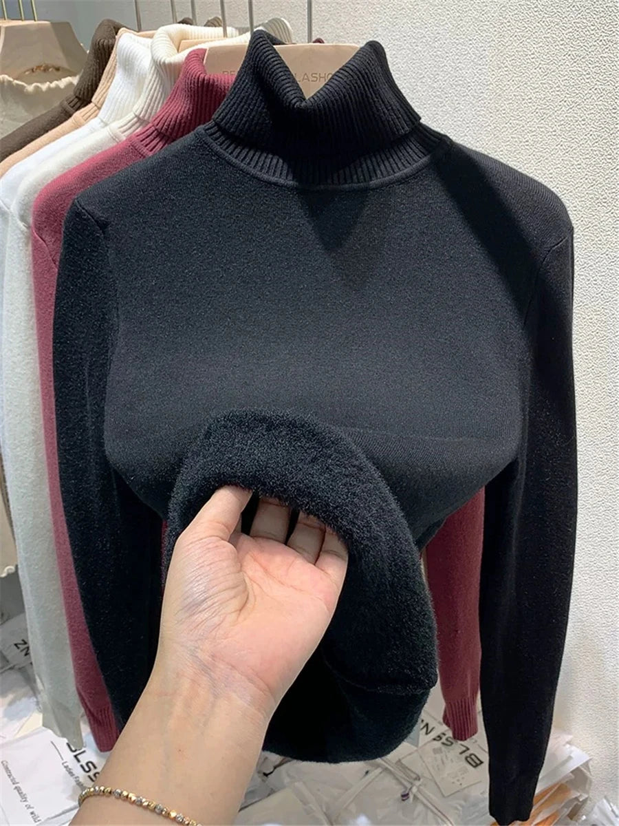Turtleneck Winter Sweater Women Elegant Thicken Velvet Lined Warm Sueter Knitted Pullover Slim Tops Jersey Knitwear Jumper New - Smarsty