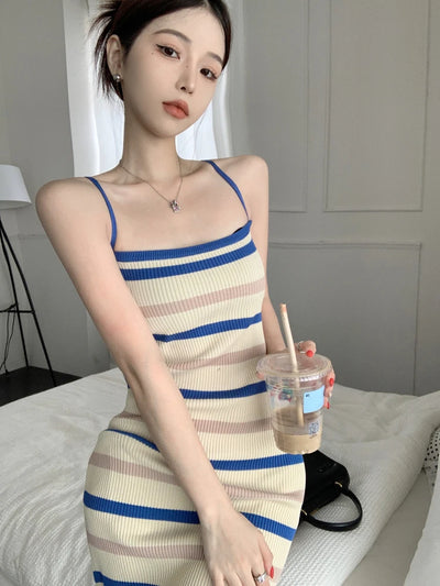 Elegant Camisole Dress for Women's Summer New Sleeveless Slim fit Knitted Striped Mid Length Dresses - Smarsty