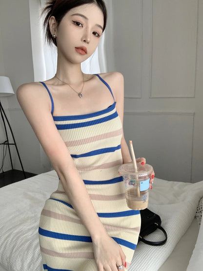 Elegant Camisole Dress for Women's Summer New Sleeveless Slim fit Knitted Striped Mid Length Dresses