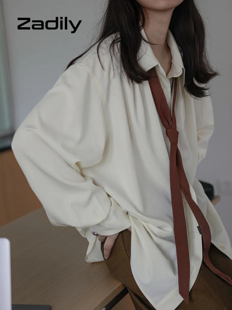 2025 Summer Minimalist Long Sleeve Button Up Shirt Women Korean Style Solid Tie Oversize Shirts Blouse Loose Clothes Autumn Tops - Smarsty