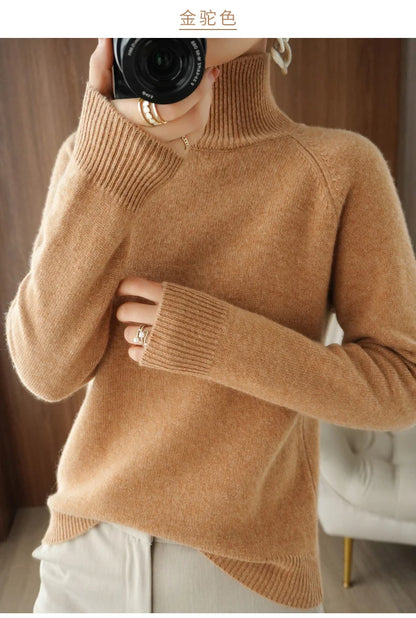 Fashion Basic Autumn Winter  Merino Wool Sweater Mock Neck Cashmere Pullover  Solid Color Soft Long Sleeve Clothing Tops - Smarsty