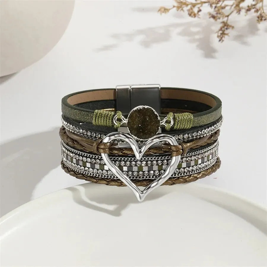Women Leather Heart Charm Bracelet Rhinestone Wrap - Smarsty
