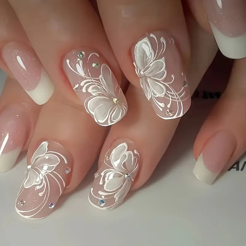 24 Piece Set Medium Long Press On Nails with Floral Design - Smarsty