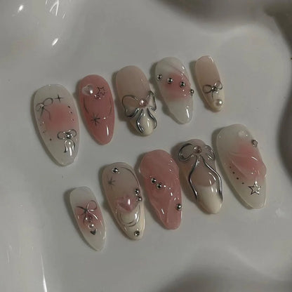 24 Piece Pink Almond Fake Nail Set With Bowknot Design - Smarsty