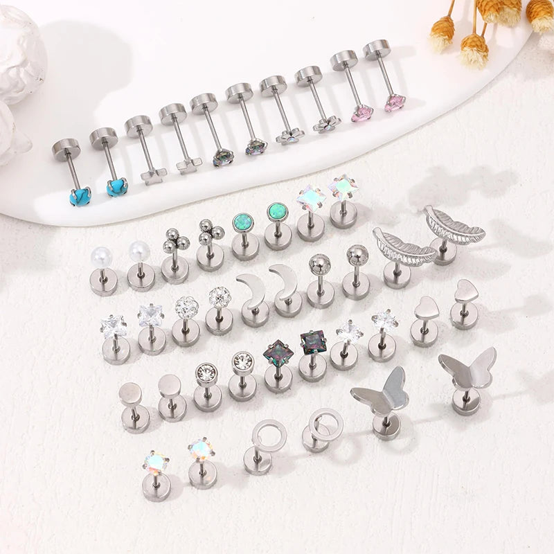 Stainless Steel Heart Moon Ear Studs Screw Back Cartilage - Smarsty
