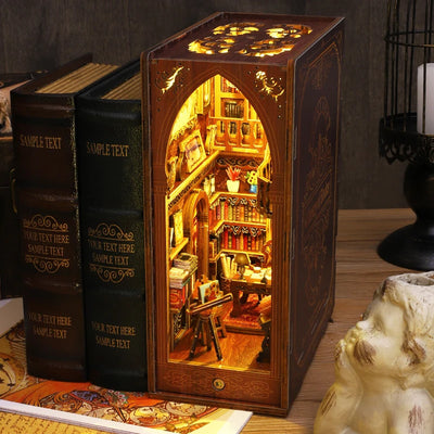 DIY Book Nook Shelf Insert Kit 3D Wooden Puzzle Doll House Assembly Building Model Bookends With Furniture LED Light Xmas Gifts by Smarsty