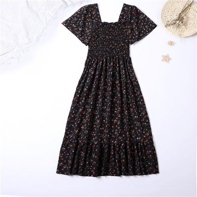 Spring Summer Chiffon Dress Women Midi DressesFemale Short Sleeve Elastic Waist Printed Floral Pleated Backless Casual Dress - Smarsty