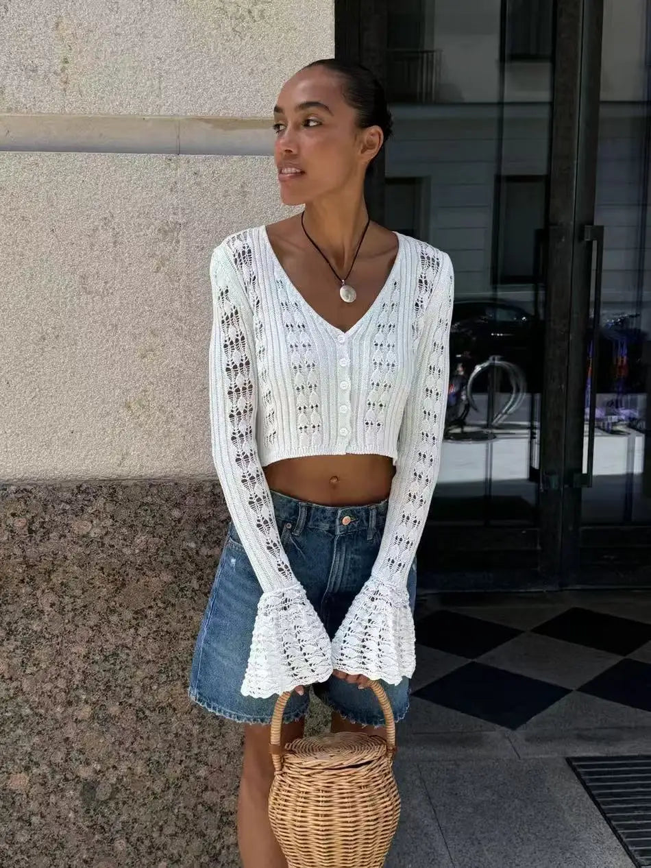 TARUXY Hollow Knitted Cardigan Women's Solid Long Sleeve V Neck Short Sweater Top Summer 2025 New Female Crochet Casual Outwear