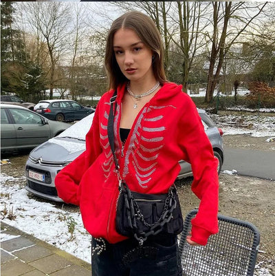 Y2K Rhinestone Skeleton Hoodies Women Gothic Black Zip Up Oversized Sweatshirts Female Retro Harajuku Hooded Jacket Streetwear - Smarsty