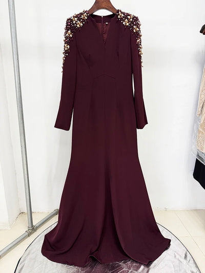 HIGH STREET Newest Fashion 2025 Designer Party Vestido Women's Diamonds Beaded Split Long Maxi Dress - Smarsty