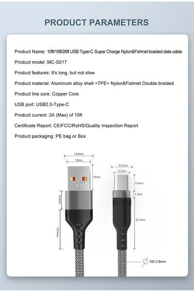 USB Type C 6A Super- Charging Cable For Huawei USB C Extended 1m 2m 3m 5m 8-Meter Cable For Xiaomi Vivo Leeco OnePlus Oppo - Smarsty
