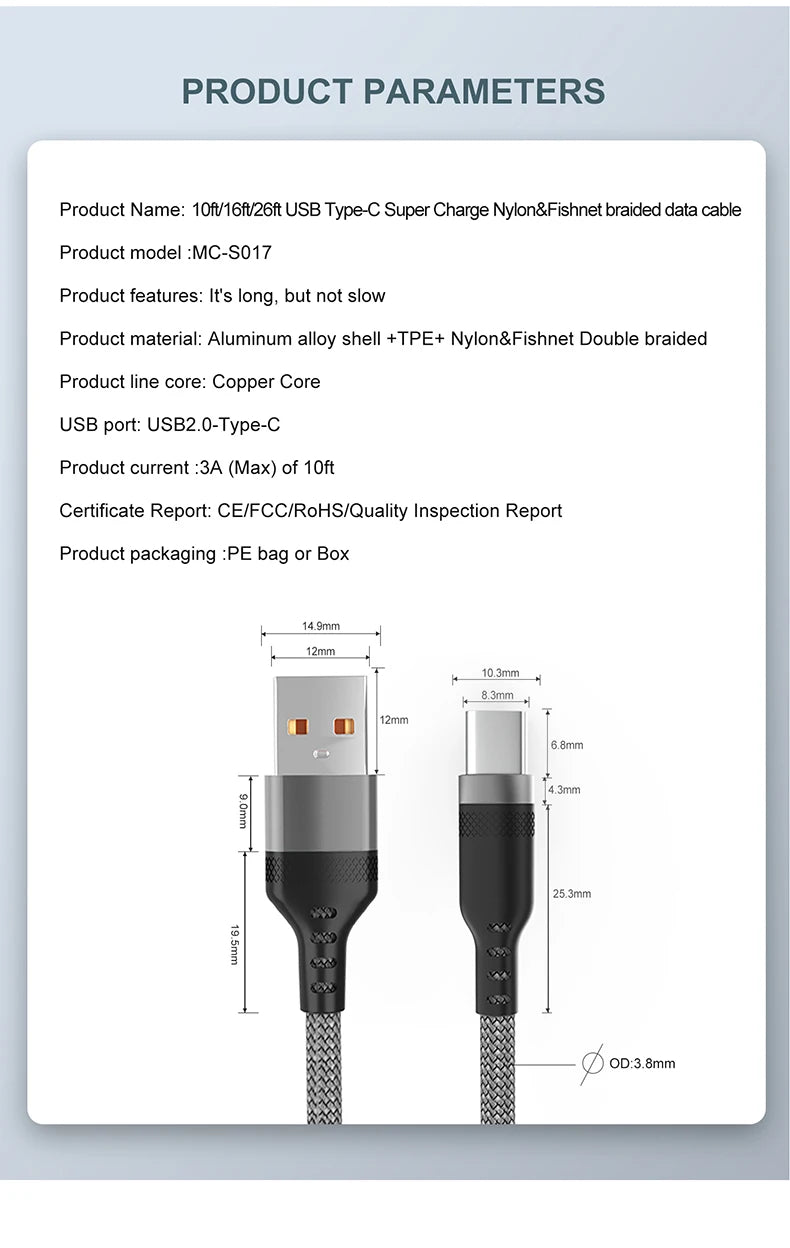 USB Type C 6A Super- Charging Cable For Huawei USB C Extended 1m 2m 3m 5m 8-Meter Cable For Xiaomi Vivo Leeco OnePlus Oppo - Smarsty