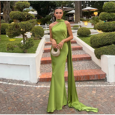 Sexy Satin Ribbon Party Dress Women Elegant Halter Backless Off Shoulder Sleeveless Female Dresses 2024 Summer Solid Robe Gown - Smarsty