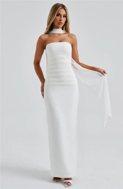 Mozision Scarf Collar Strapless Sexy Maxi Dress For Women Fashion Off-shoulder Backless Bodycon Club Party Long Dress Elegant - Smarsty