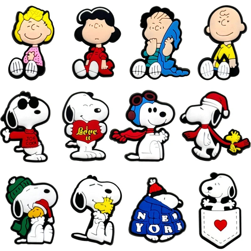12-Pack SnoopyFashion Themed Shoe Charms Cartoon Kawaii Decoration Accessories for Clogs, Sandals, DIY Shoes Party Decorations