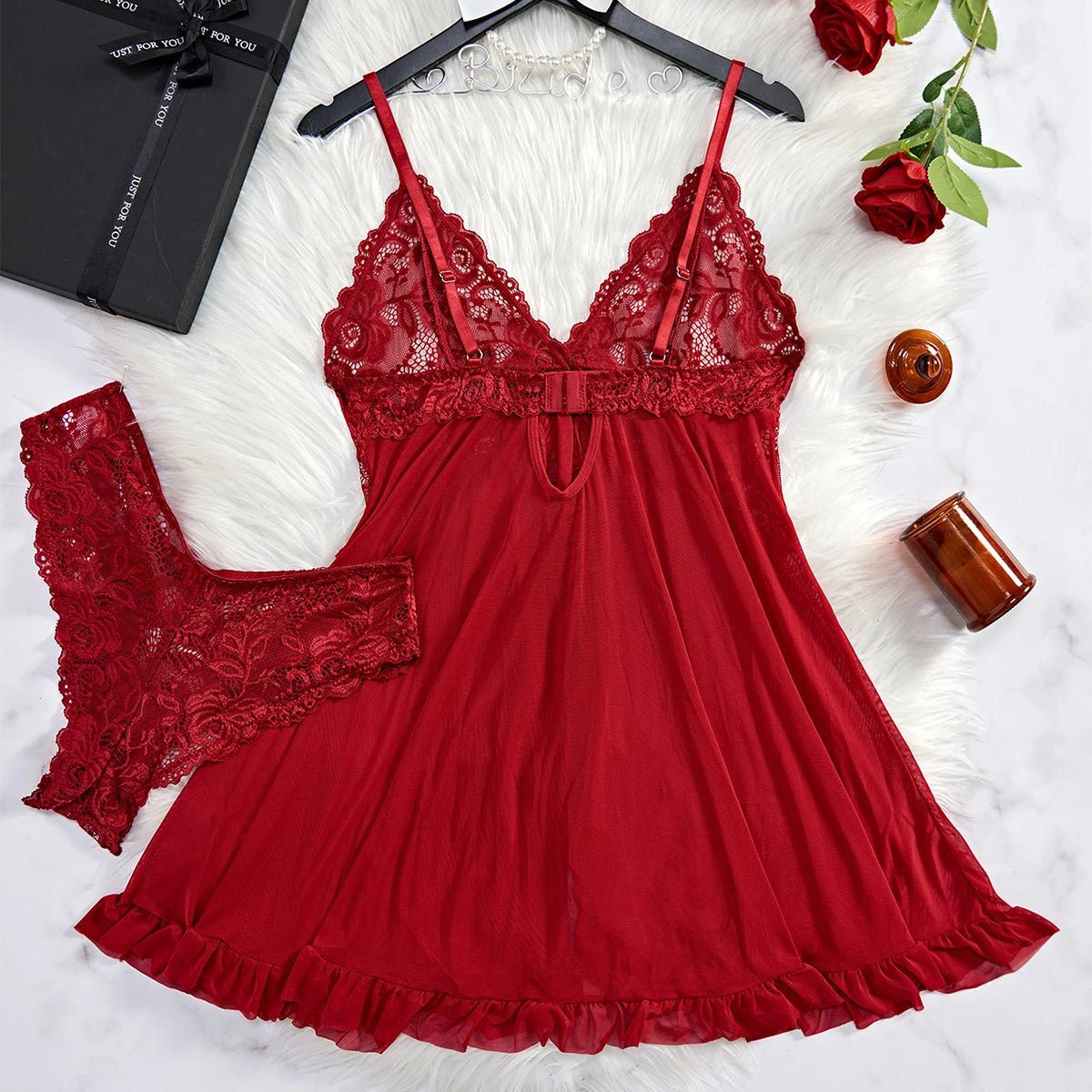 Summer Sexy Lingerie Dress Women Lace See Through Nightdress Sleepwear Solid Slim Soft V Neck Full Slip Sleepwear & Dresses - Smarsty