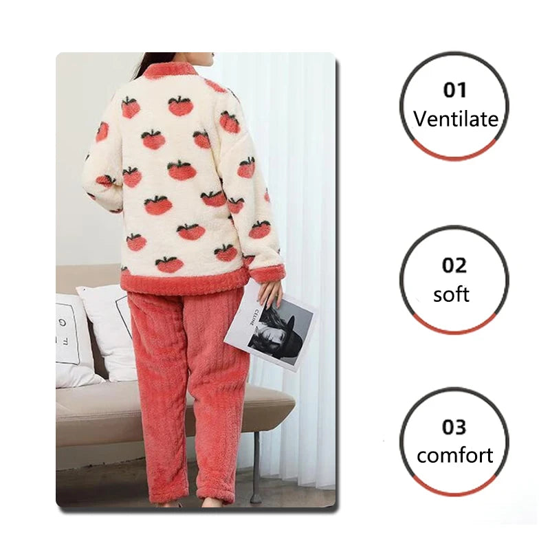 Padded and Thickened Warm Flannel Women Pajamas Loungewear Winter Peach Sleepwear Homewear Coral Velvet Two-Piece Set Nightwear - Smarsty