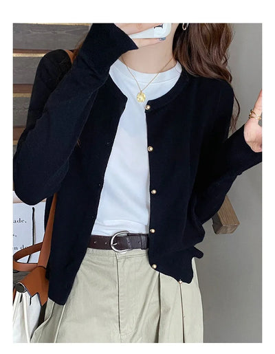 Solid Color Knitted for Women Cardigan Korean Single Breasted Long Sleeve Jumper Woman Round Neck All Match Cardigans Outwear - Smarsty