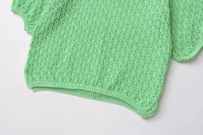 TRAFSHE Women Fashion Jacquard Solid Knitted Hollow Out Pullover Sweater Vintage Lapel Neck Short Sleeve Female Chic Lady Tops - Smarsty
