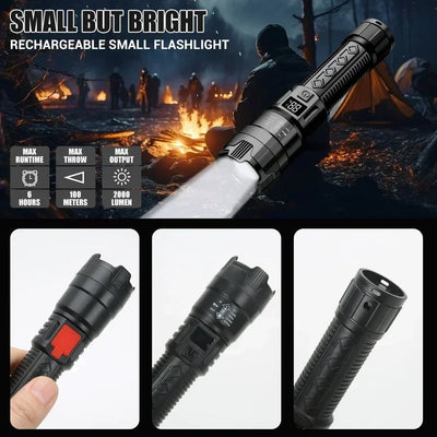 High Strong Power Led Flashlights 2000LM Tactical Torch with Display Light Rechargeable Camping Fishing Emergency Zoom Lantern - Smarsty