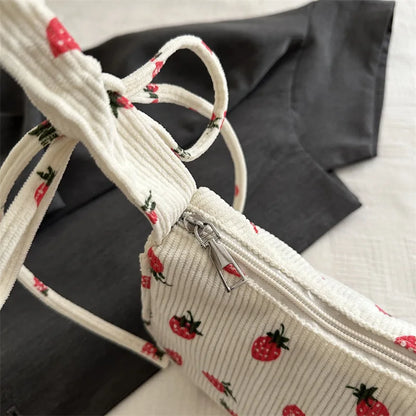 Corduroy Underarm Bag For Women Strawberry Print Mini Tote - Smarsty