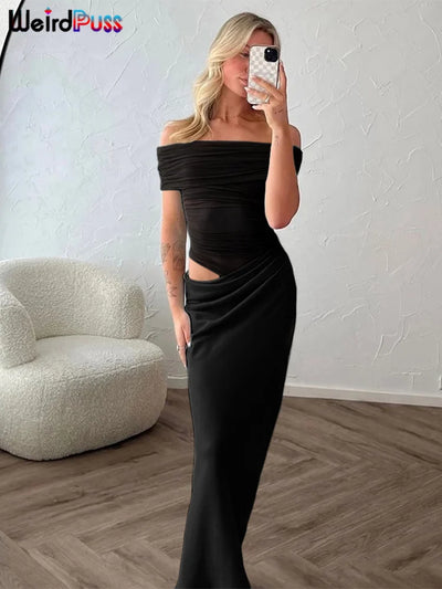 Weird Puss Ruched Irregular Dress Women Mesh Patchwork Slash Neck Short Sleeve Skinny Stretch Trend Elegant Long Bodycon Outfits - Smarsty