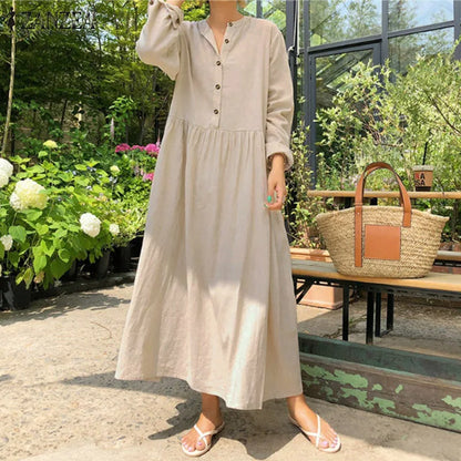 Women's Elegant Solid Cotton Robe Femme 2022 Spring Autumn Bohemian Maxi Dress ZANZEA Casual Long Sleeve Shirt Dresses Oversized - Smarsty
