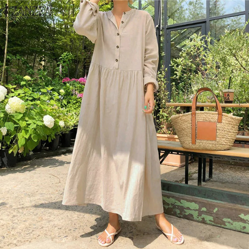 Women's Elegant Solid Cotton Robe Femme 2022 Spring Autumn Bohemian Maxi Dress ZANZEA Casual Long Sleeve Shirt Dresses Oversized - Smarsty