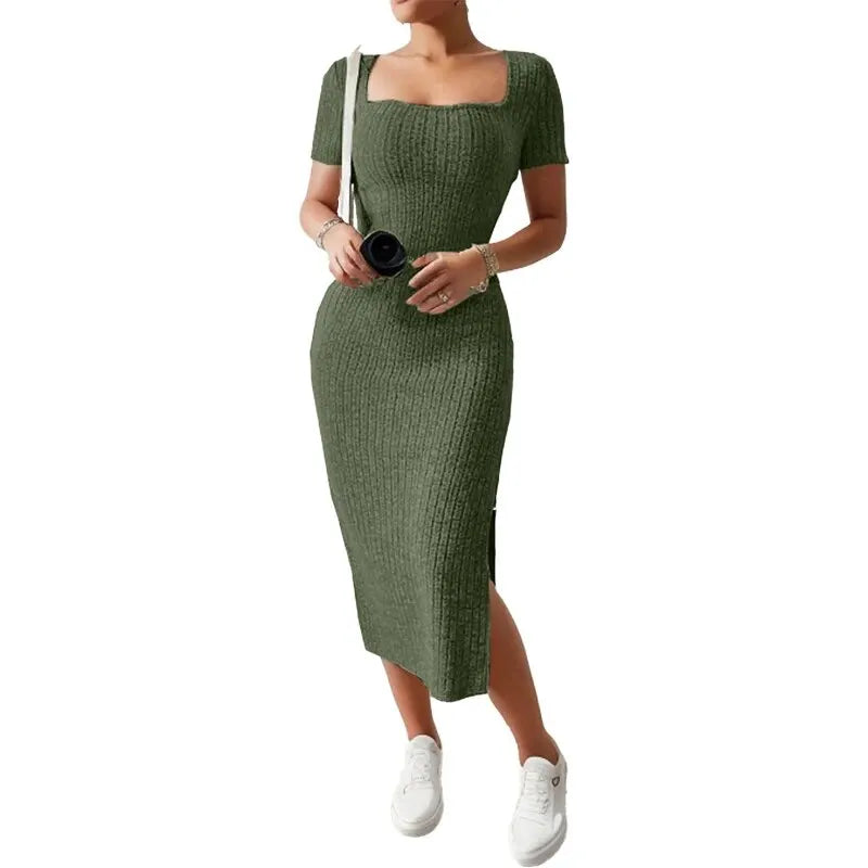 Summer Square Neck, Hip-Hugging Mid-Length Skirt, Short-Sleeved, Versatile Knitted Slit Dress - Smarsty