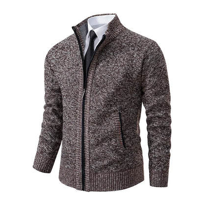 Autumn And Winter New Jersey Men's Casual Sports Coat Solid Color Stand Collar Wweater Grab Fleece Warm Zipper Cardigan - Smarsty