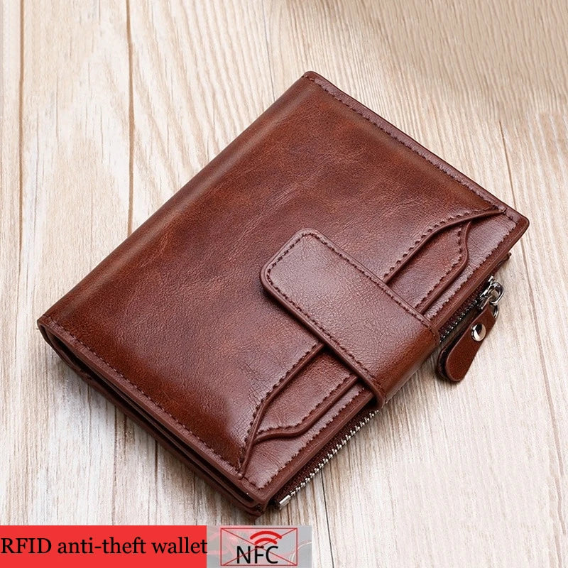 Men's Coin Purse Wallet RFID Anti-theft Man Leather Wallet Zipper Business Card Holder Money Bag Wallet Male - Smarsty