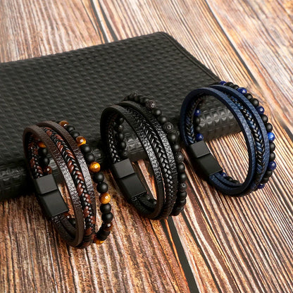Men Leather Bracelet with Tiger Eye Beads Stylish Gift - Smarsty