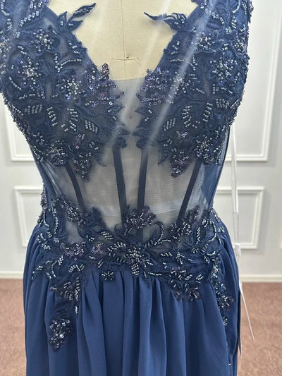 Spaghetti Straps Navy Blue A Line Evening Dresses 2025 Elegant Beaded Appliques Illusion Prom Gowns Formal Party Vestido De Gala - Smarsty