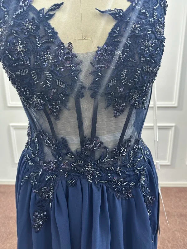 Spaghetti Straps Navy Blue A Line Evening Dresses 2025 Elegant Beaded Appliques Illusion Prom Gowns Formal Party Vestido De Gala