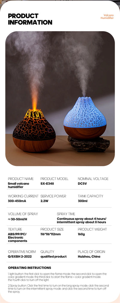 Volcano Air Humidifier with Colorful Night Light - Smarsty