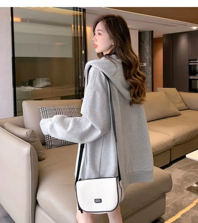 Women Embroidery Print Sporty Chic Hoodies Casual Zip Up Long Sleeve Loose Jacket Coats Harajuku Hooded Sweatshirts Streetwear - Smarsty