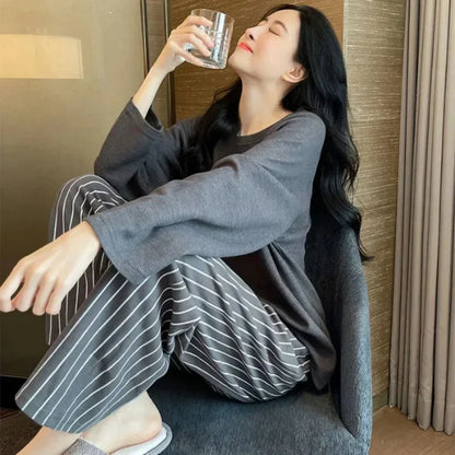 2PCS/Set Women Big Size with Chest Pads Pajamas Spring Autumn and Winter Long-Sleeved Headset Loose Homewear Can Be Worn Outside - Smarsty